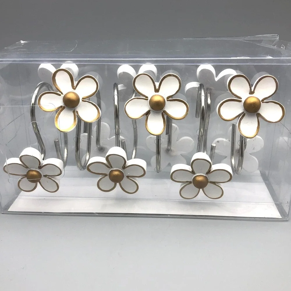 Simple Clever Homes Daisy Flower Shower Curtain Hooks Set of 12 White Gold Resin